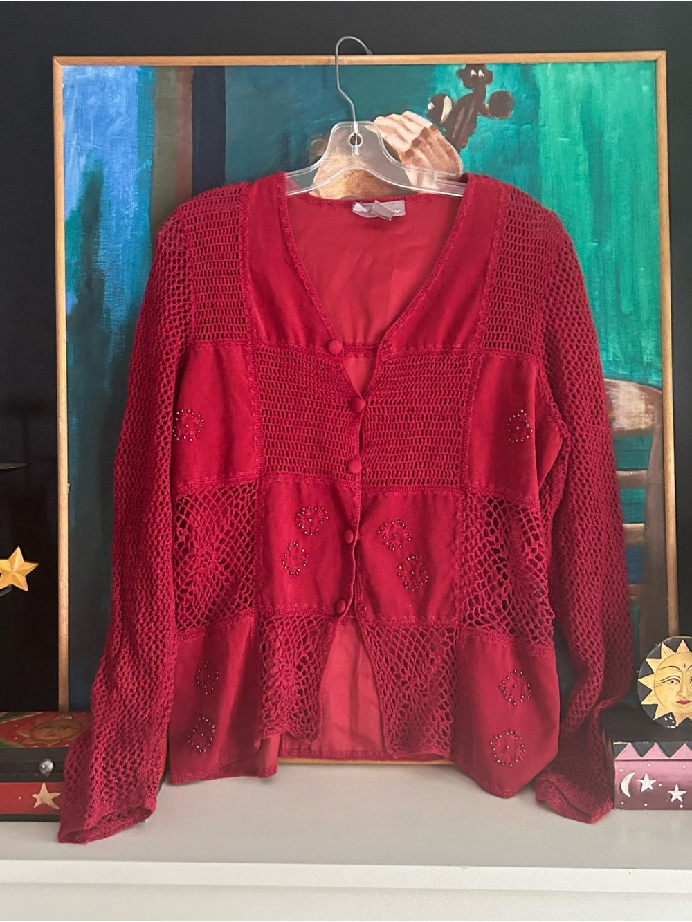 TanJay Red Crochet Beaded Patchwork Cardigan Size Large